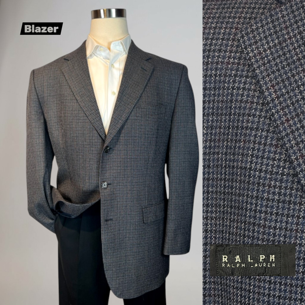Vtg Ralph Lauren RRL 44L Blue Burgundy Houndstooth 3 Btn Blazer Sport Coat